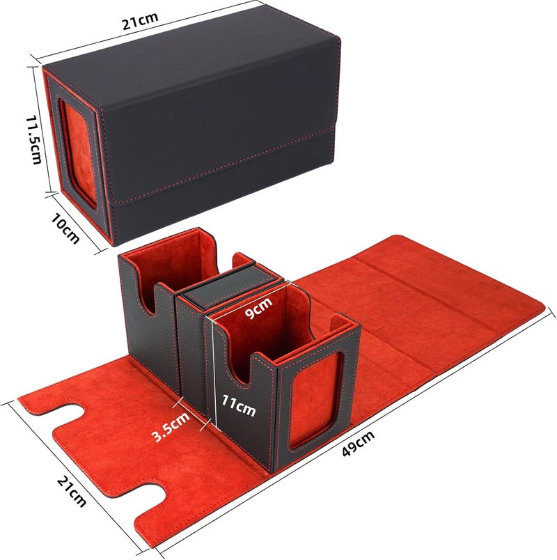 AFIING Mtg deck box with commander display- Fits 200 Double Sleeved Cards,3-in-1Card Deck Case,Strong Magnet Card Organizer For Magic Commander TCG CCG,4Dividers &2 Toploaders, Black/Red - Image 3